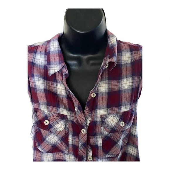 Forever 21 Short Sleeve Tank Top Plaid Button Up Casual Size Med Top Lightweight - Picture 5 of 11